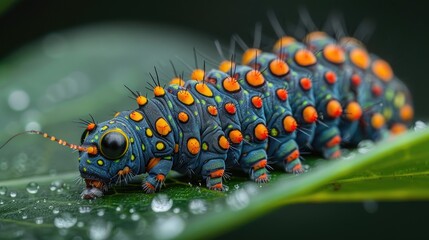A close-up of a caterpillar on a leaf, its vibrant patterns and the tiny hairs on its body shown in exquisite detail.