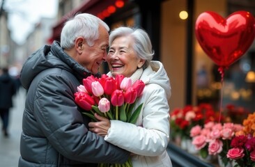 A couple embracing with a bouquet of vibrant red tulips