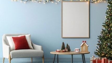 Blank sign on wall with garlands chair and cocoa on cozy table decor