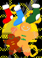 Christmas stocking and Gingerbread Man Cookie geometrical graphic retro theme background. Minimal geometric elements. Vintage abstract shapes vector illustration.