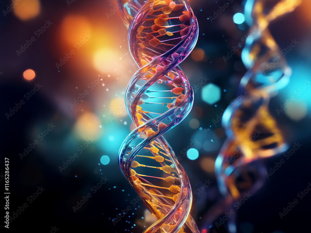 Poster a vibrant, three-dimensional rendering of dna double helix structures, glowing with warm and cool co