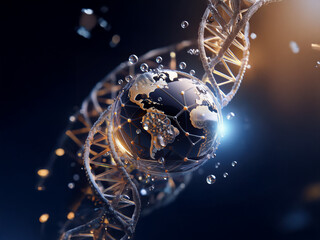 A metallic, double helix DNA structure entwines a globe, symbolizing global genetic research and the interconnectedness of life on Earth.  Particles and light effects enhance the futuristic, scientifi