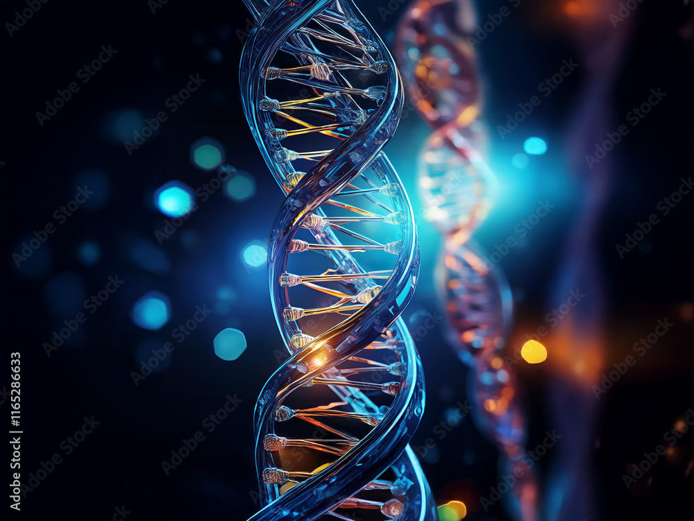 Poster close-up view of a glowing, translucent dna double helix against a dark background with bokeh lights