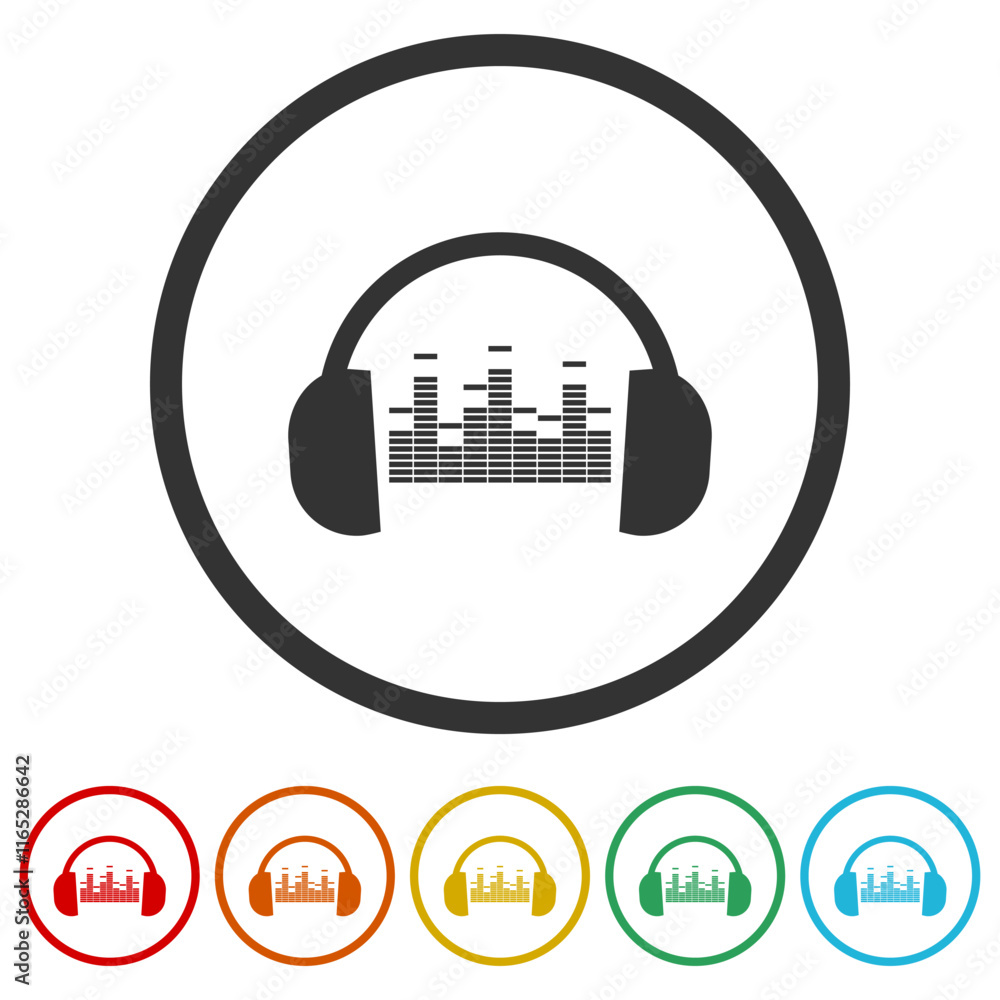 Aufkleber headphone with sound wave icon. set icons in color circle buttons