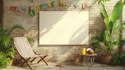 Mockup on faded wall with summer plants chair and beach towel decor