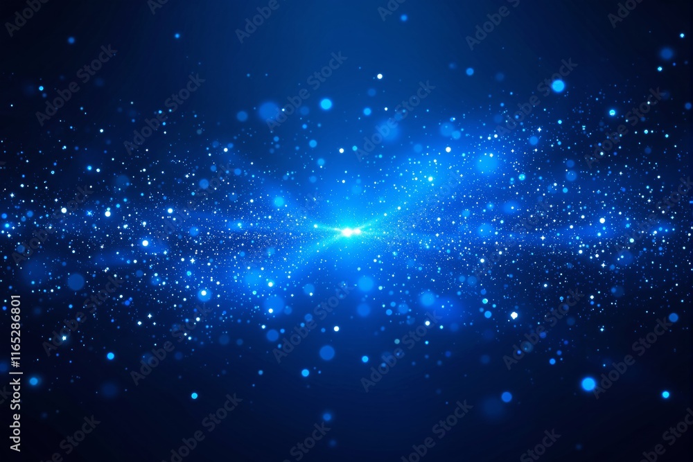 Poster abstract glowing blue particles scattered across a dark background, with light bursts and bokeh effe
