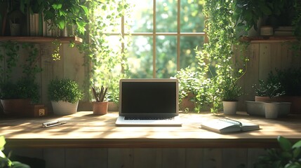 Fototapeta premium A contemporary wooden desk with a laptop and notebook, surrounded by hanging plants and potted greenery, soft natural light creating a calming and eco-friendly workspace, high-detail textures,