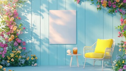 Mockup on painted wall with floral decor chair and sunny summer drink