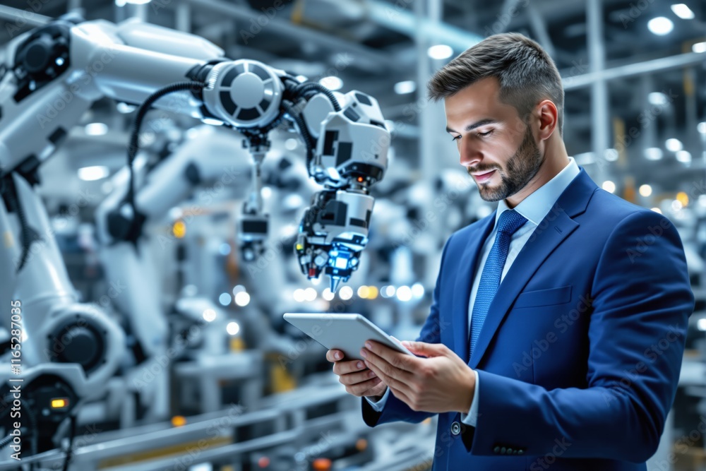 Poster professional man in suit using tablet, standing in factory with advanced robotic arms, futuristic in