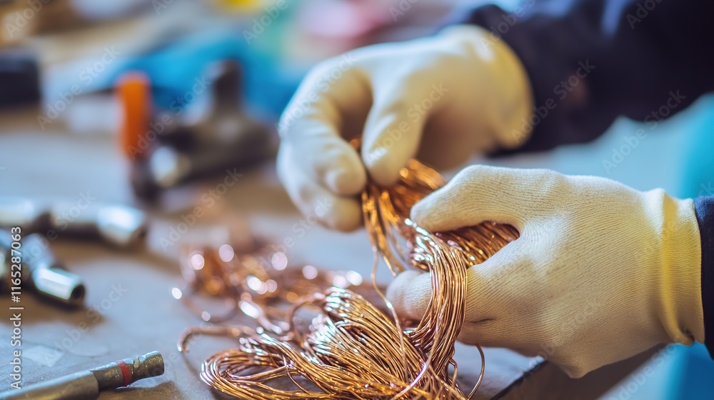 Aufkleber close-up of gloved hands handling copper wires for recycling with softly blurred tools and workshop 