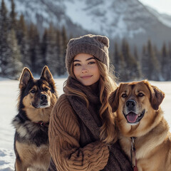 Young happy woman having fun in snowy winter park with dogs