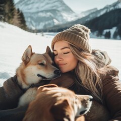 Young happy woman having fun in snowy winter park with dogs
