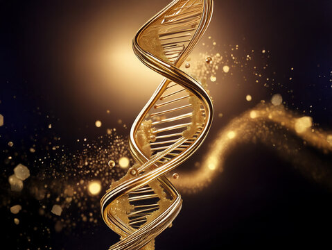 A shimmering golden DNA double helix spirals against a dark background, illuminated by glowing particles.  Its elegant form suggests genetic code and life's blueprint.