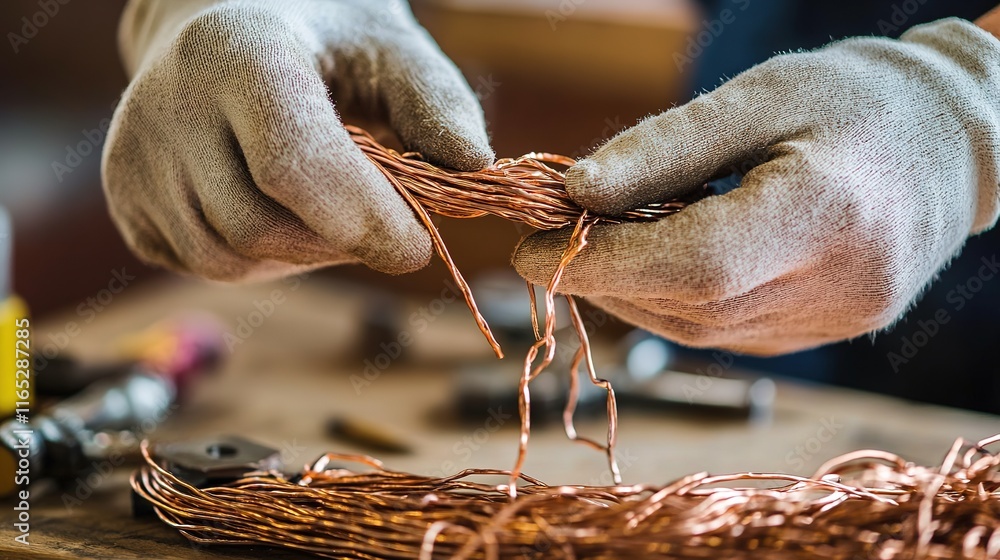 Poster close-up of gloved hands handling copper wires for recycling with softly blurred tools and workshop 