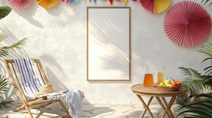 Billboard on stucco wall with fans chair and iced tea on sunny table