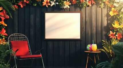 Blank billboard with summer garlands chair and cozy drink setup