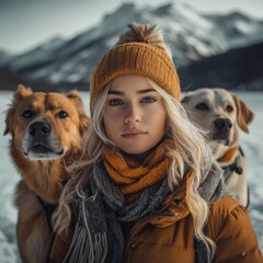 Young happy woman having fun in snowy winter park with dogs