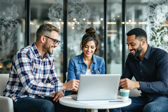 A group of three diverse professionals collaborating around a laptop, seated at a table in a modern office. Bright and welcoming atmosphere. Ai generative