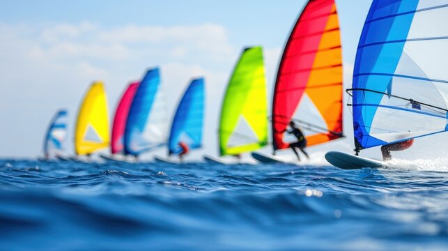 Windsurfing competition coastal waters sports photography vibrant environment aerial viewpoint thrill of adventure - Powered by Adobe