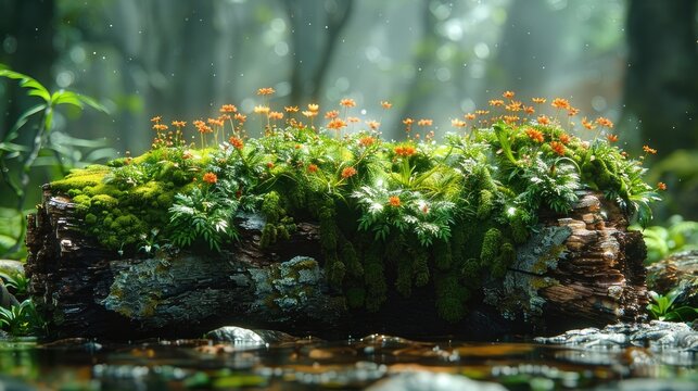 A detailed study of a moss-covered log in a forest, the micro-habitat and its tiny inhabitants depicted with a richness that invites close inspection.