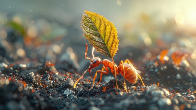 A detailed view of an ant carrying a leaf fragment, showcasing its strength and the intricate textures of both ant and leaf in a microcosmic landscape.