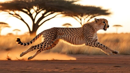 A majestic cheetah with a tawny yellow coat, black "tear lines" running from its eyes to its mouth, and a slender built, sprinting across the sun-kissed African savannah, its long legs a blur as it re