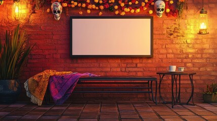 Day of the Dead garlands surround a mockup with hot chocolate nearby
