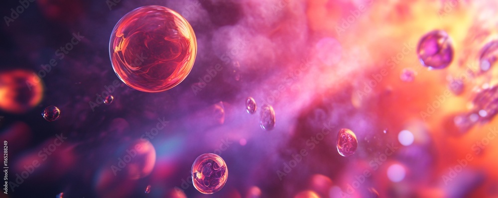 Poster many red and purple bubbles floating in a colorful nebula background