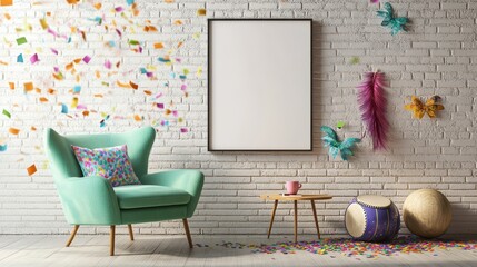 White brick wall framed by festive masks and warm Carnival lighting
