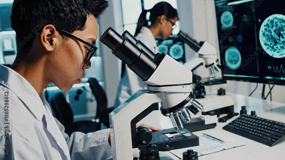 Poster young scientists conduct research in modern laboratory using advanced microscopes and technology to 