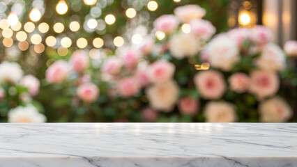 Elegant white marble tabletop with soft focus roses garden setting event decor emphasizing simplicity