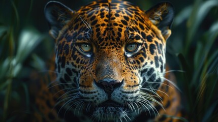Fototapeta premium A fierce jaguar lurking in the shadows of a dense rainforest, its piercing eyes and sleek body rendered with dramatic clarity and depth