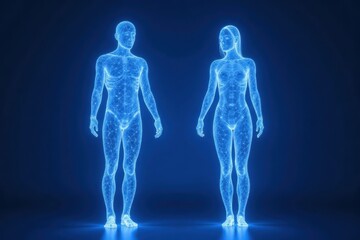Human Body Anatomy Outline in Blue Neon Light on Dark Background