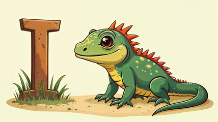 Fototapeta premium Children's alphabet, letter I with cartoon style iguana image