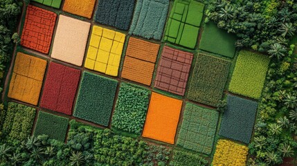 Vibrant Aerial View of Colorful Crop Fields in Geometric Patterns Surrounded by Lush Greenery Capturing Nature's Bounty and Agricultural Diversity