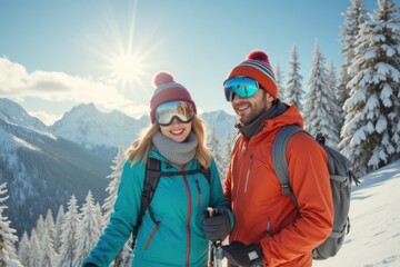 Happy Couple Enjoying Winter Adventure in Snowy Mountain Landscape