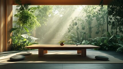 A natural wooden table set in a zen-inspired room, surrounded by lush green plants and warm natural light, clean and minimalistic design creating a serene environment, hd quality, cinematic focus.