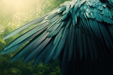 Obraz premium Elegant Display of Iridescent Bird Wing Feathers in Natural Sunlit Forest Background