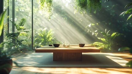 A natural wooden table set in a zen-inspired room, surrounded by lush green plants and warm natural light, clean and minimalistic design creating a serene environment, hd quality, cinematic focus.