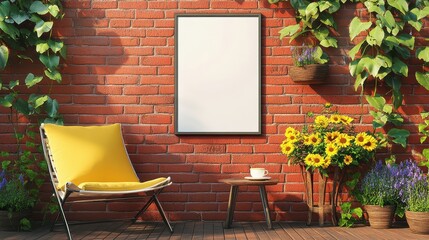 Spring flowers and ivy decorate a blank sign on a red brick wall