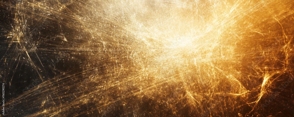 Poster golden fractal lights exploding in dark space background
