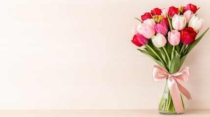 Fototapeta premium A vibrant bouquet of tulips in a vase with a ribbon.