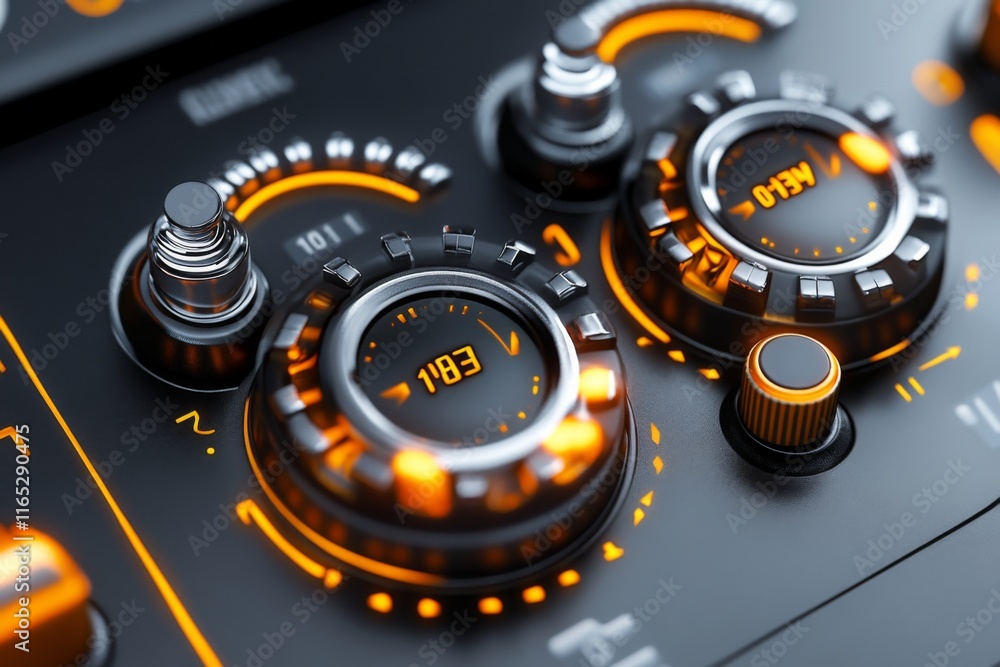 Poster close-up view of audio mixing console knobs displaying vibrant orange glow in a dimly lit studio