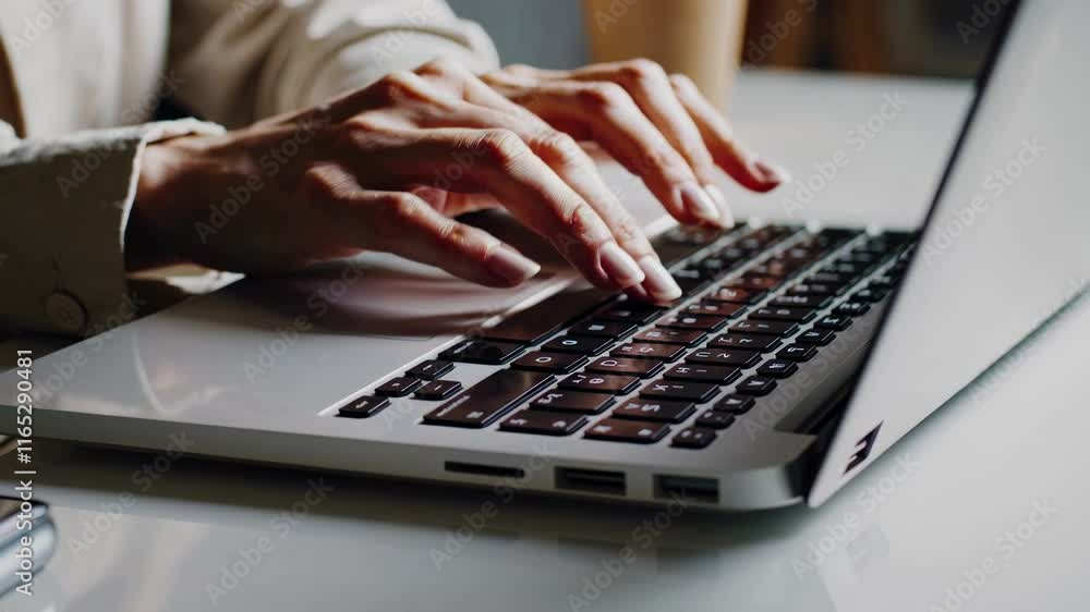 Poster Engaging in productive writing while typing on a laptop in a cozy workspace
