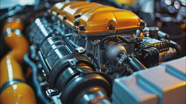 Close-up of a powerful engine, showcasing intricate mechanics and sleek design.  The vibrant orange and chrome accents add a touch of sophistication and performance.