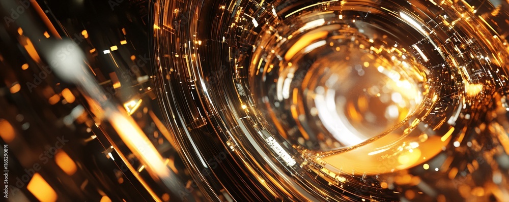 Poster Golden swirling vortex tunnel creating abstract technology background