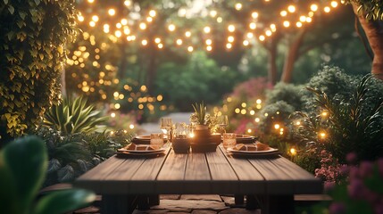 A rustic outdoor dining table set for an evening meal, surrounded by lush plants and glowing string lights, golden hour hues creating a cozy and inviting ambiance, hd quality, high-detail realism.