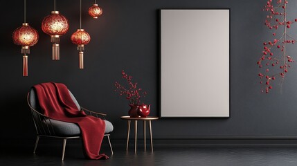 Billboard with festive Chinese elements and reflective surfaces