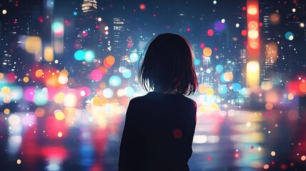 Abstract Blurred City Lights Background with Silhouette Figure