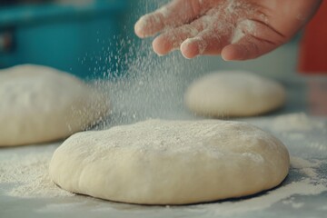 Obraz premium Hand Sprinkling Flour Over Dough on Kitchen Counter in Soft Lighting